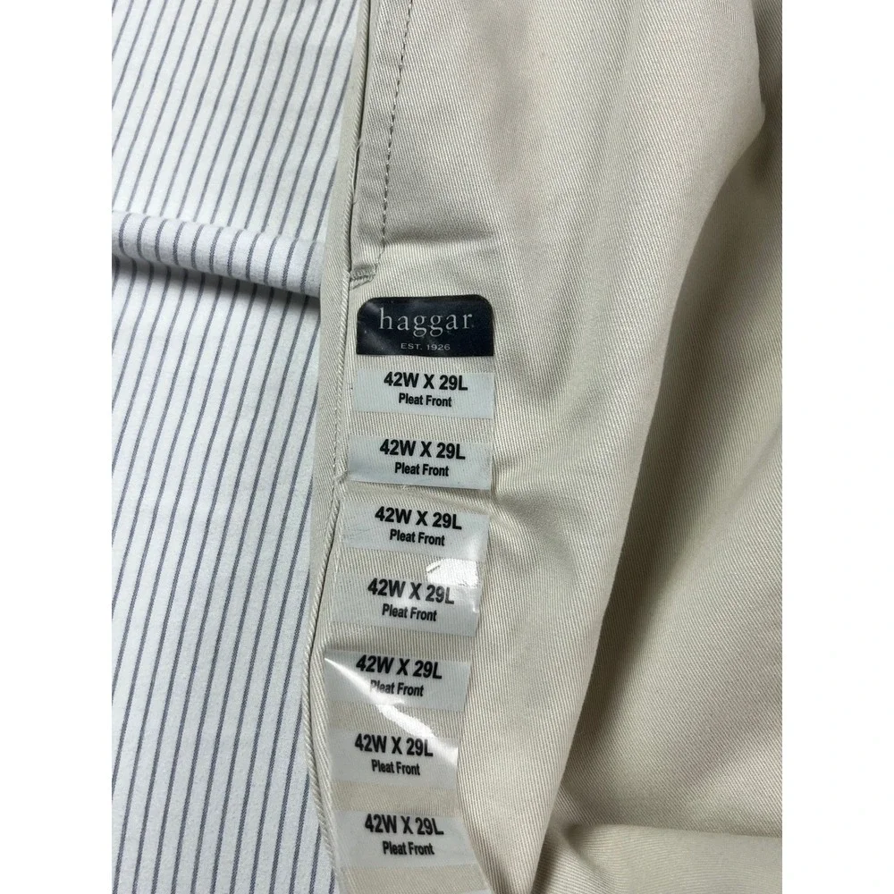 Haggar Mens Khaki Pleated Chino Pants 42x29 Relaxed Fit Cotton Trousers New‎